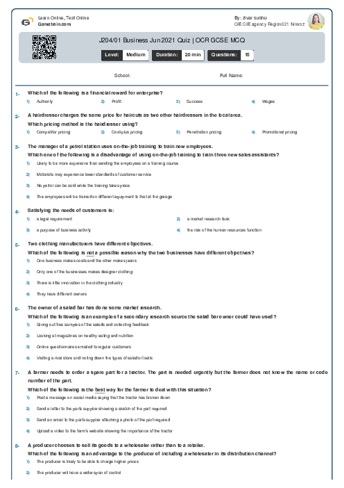 J204/01 Business Nov 2021 Quiz | OCR GCSE MCQ