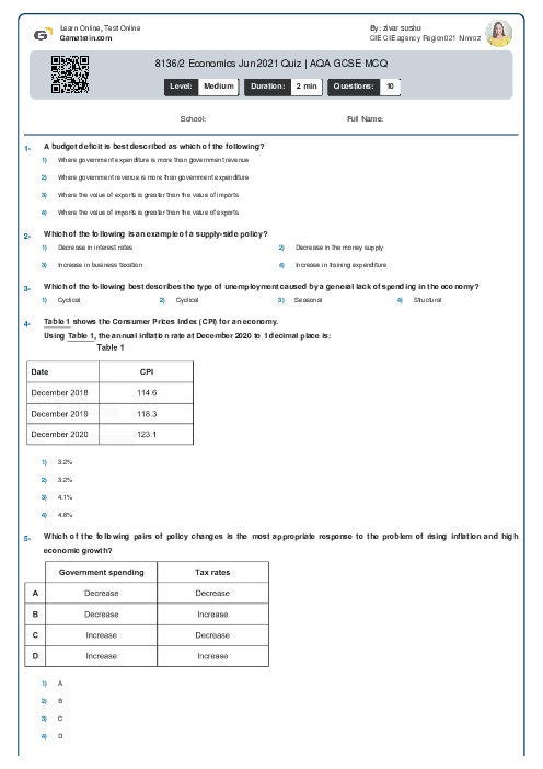 8136/2 Economics Jun 2021 Quiz | AQA GCSE MCQ
