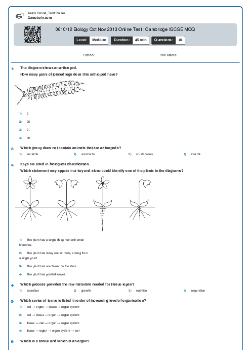 0610/12 Biology Oct Nov 2013 Online Test | Cambridge IGCSE MCQ