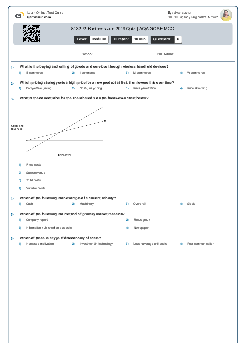 8132/2 Business Jun 2019 Quiz | AQA GCSE MCQ