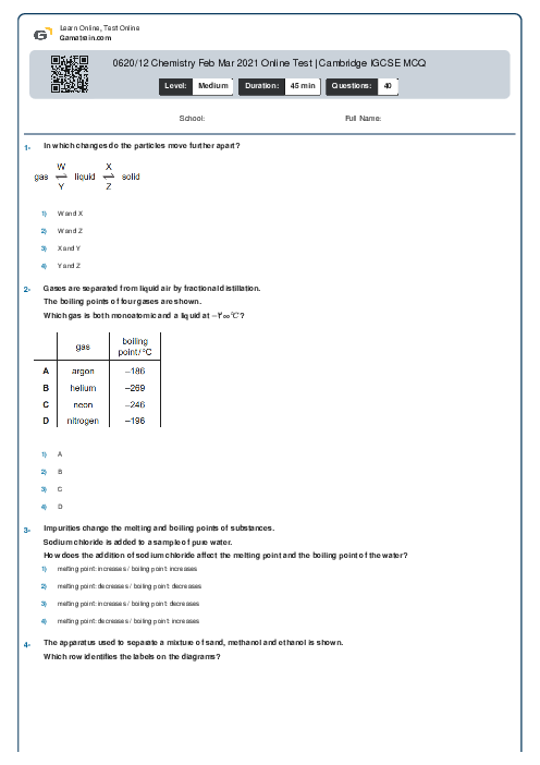0620/12 Chemistry Feb Mar 2021 Online Test | Cambridge IGCSE MCQ