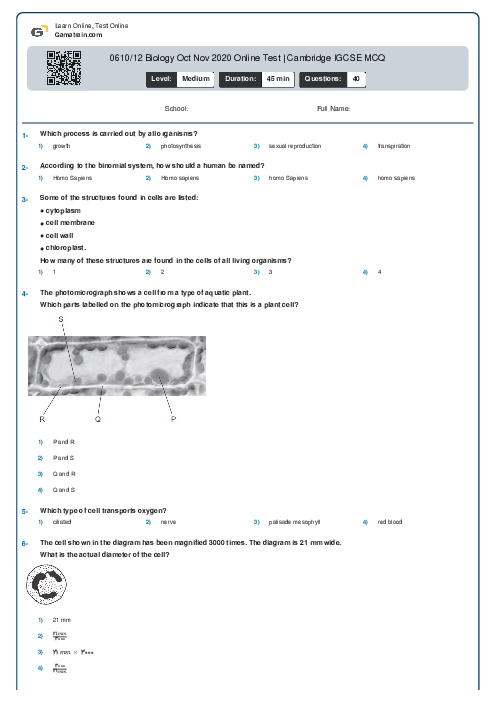 0610/12 Biology Oct Nov 2020 Online Test | Cambridge IGCSE MCQ