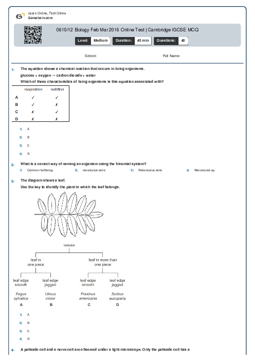 0610/12 Biology Feb Mar 2016 Online Test | Cambridge IGCSE MCQ