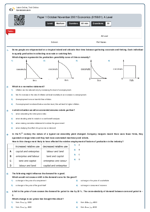 Paper 1 October/November 2007 Economics (9708/01) A Level
