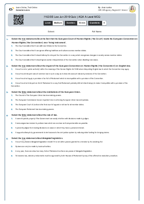  7162/3B Law Jun 2019 Quiz | AQA A Level MCQ