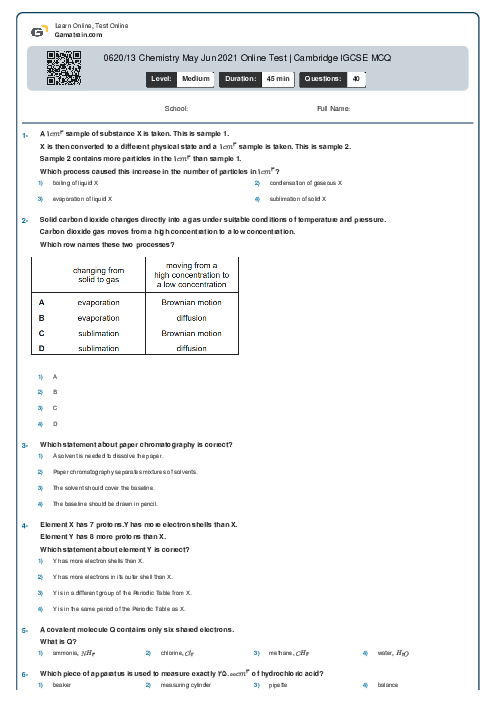 0620/13 Chemistry May Jun 2021 Online Test | Cambridge IGCSE MCQ