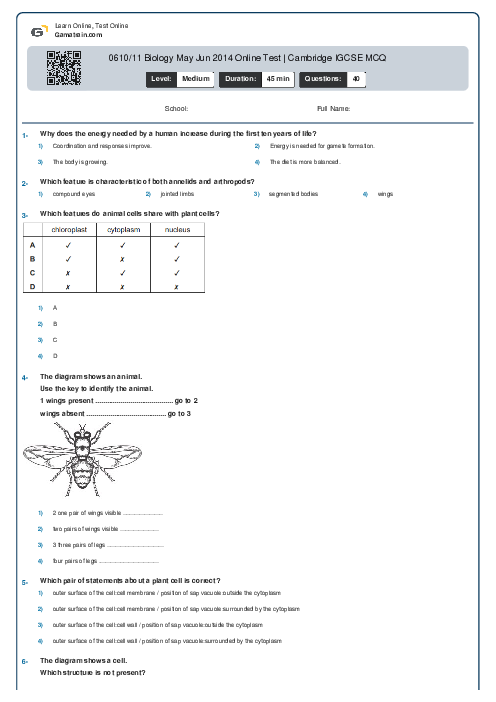 0610/11 Biology May Jun 2014 Online Test | Cambridge IGCSE MCQ