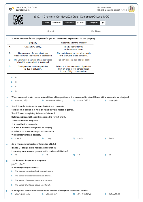 5070/11 Chemistry Oct Nov 2024 Quiz | Cambridge O-Level MCQ