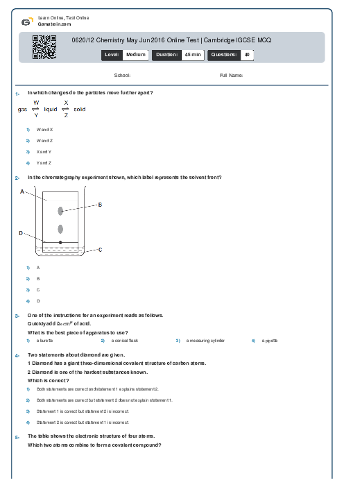 0620/12 Chemistry May Jun 2016 Online Test | Cambridge IGCSE MCQ