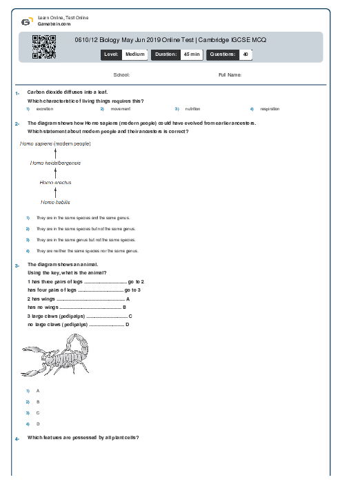 0610/12 Biology May Jun 2019 Online Test | Cambridge IGCSE MCQ