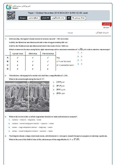 9700/12 Biology Oct Nov 2016 Online Test | Cambridge AS and A Level MCQ