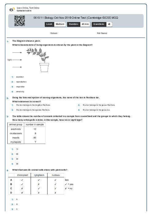 0610/11 Biology Oct Nov 2019 Online Test | Cambridge IGCSE MCQ