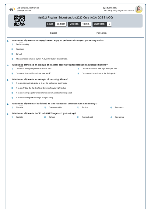 8582/2 Physical Education Jun 2020 Quiz | AQA GCSE MCQ