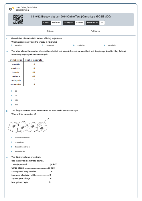 0610/12 Biology May Jun 2014 Online Test | Cambridge IGCSE MCQ