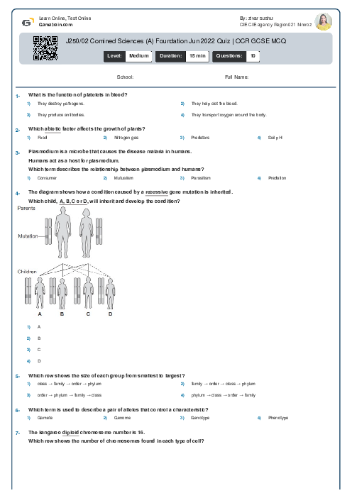 J250/02 Combined Science (A) Foundation Jun 2022 Quiz | OCR GCSE MCQ