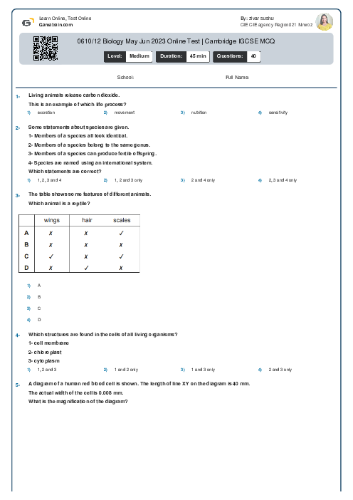 0610/12 Biology May Jun 2023 Online Test | Cambridge IGCSE MCQ