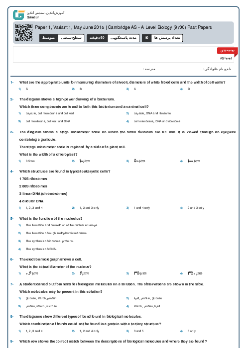 9700/11 Biology May Jun 2015 Online Test | Cambridge AS and A Level MCQ