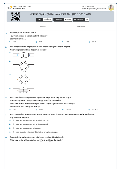  J249/03 Physics (A) Higher Jun 2022 Quiz | OCR GCSE MCQ