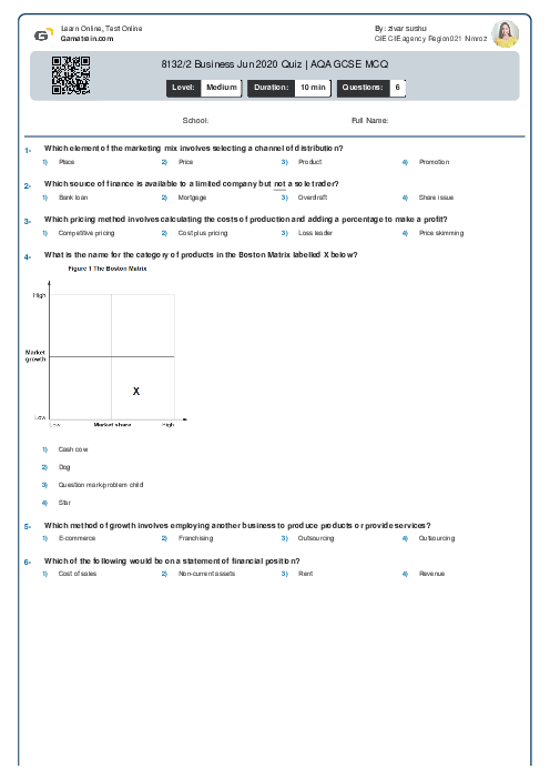 8132/2 Business Jun 2020 Quiz | AQA GCSE MCQ