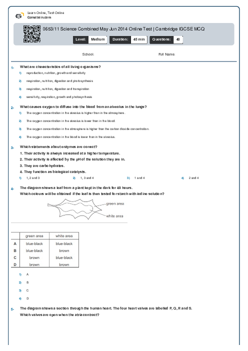 0653/11 Science Combined May Jun 2014 Online Test | Cambridge IGCSE MCQ