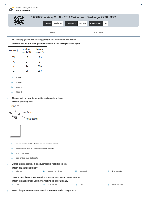 0620/12 Chemistry Oct Nov 2017 Online Test | Cambridge IGCSE MCQ