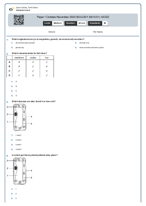 Paper 1 October/November 2003 BIOLOGY (0610/01) IGCSE