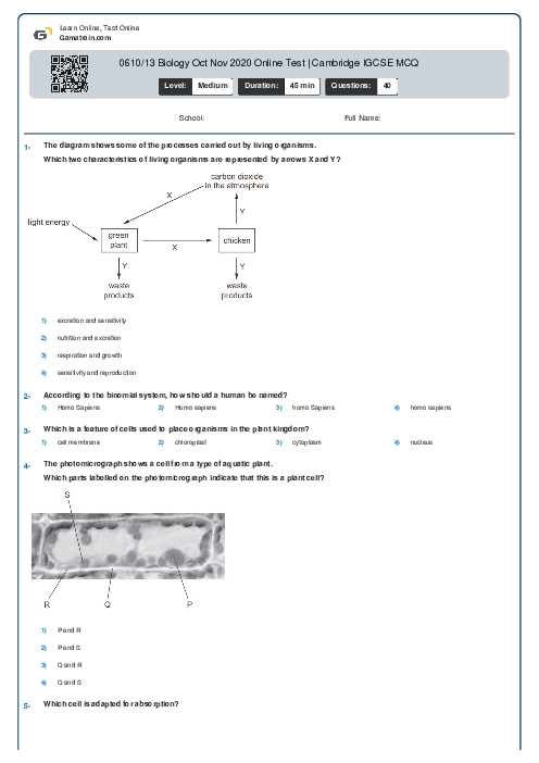 0610/13 Biology Oct Nov 2020 Online Test | Cambridge IGCSE MCQ