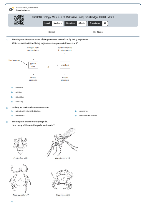 0610/13 Biology May Jun 2015 Online Test | Cambridge IGCSE MCQ