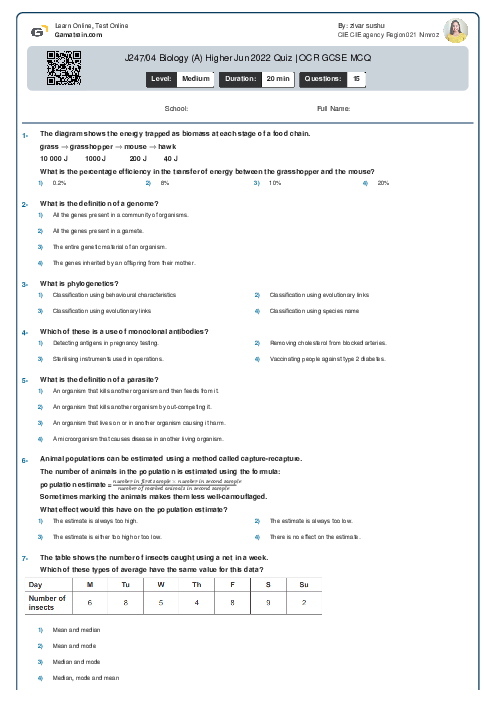 J247/04 Biology (A) Higher Jun 2022 Quiz | OCR GCSE MCQ