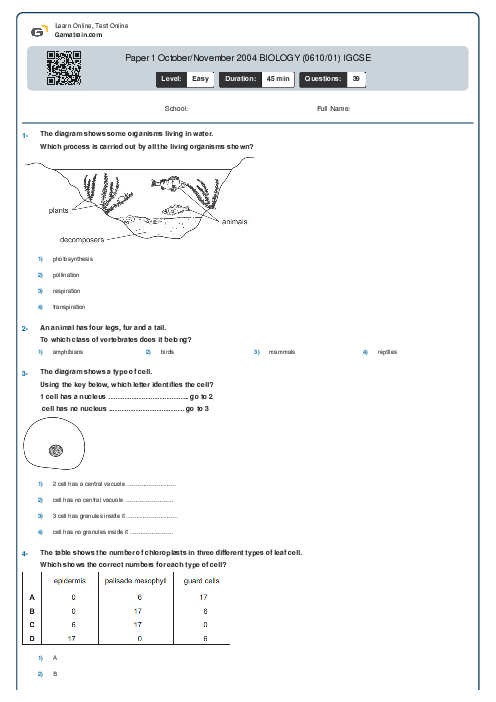 Paper 1 October/November 2004 BIOLOGY (0610/01) IGCSE