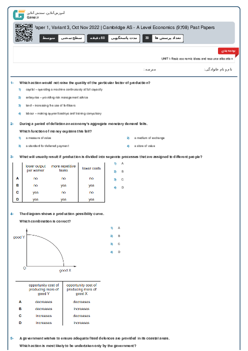 9708/13 Economics Oct Nov 2022 Online Test | Cambridge AS and A Level MCQ