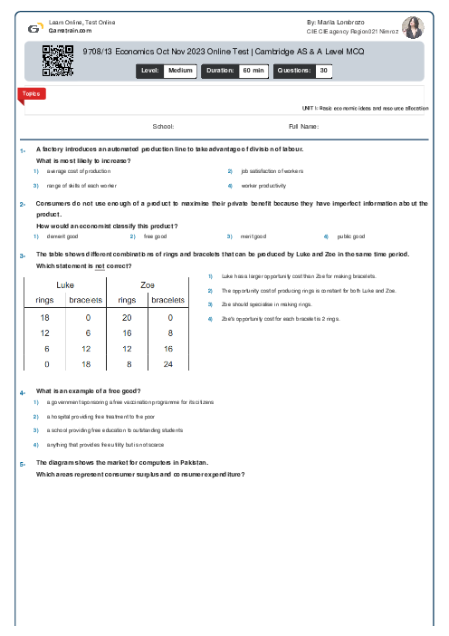 9708/13 Economics Oct Nov 2023 Online Test | Cambridge AS & A Level MCQ