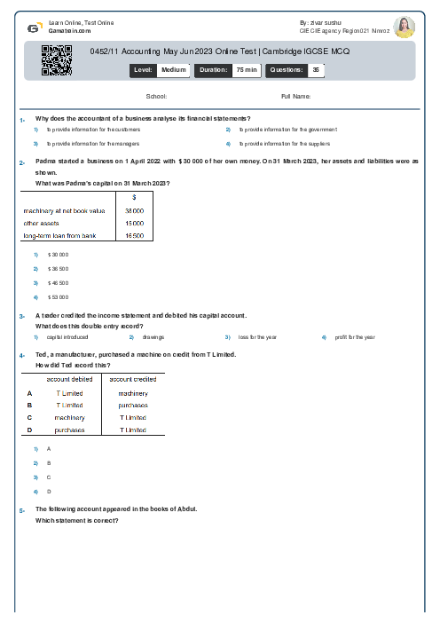 0452/11 Accounting May Jun 2023 Online Test | Cambridge IGCSE MCQ