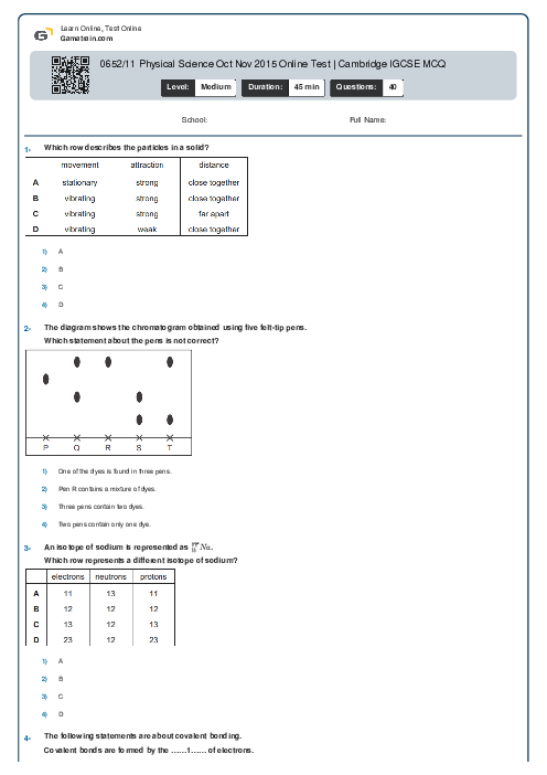 0652/11 Physical Science Oct Nov 2015 Online Test | Cambridge IGCSE MCQ