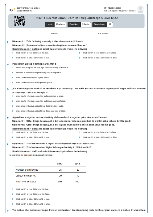 7132/11  Business Jun 2019 Online Test | AQA A Level MCQ