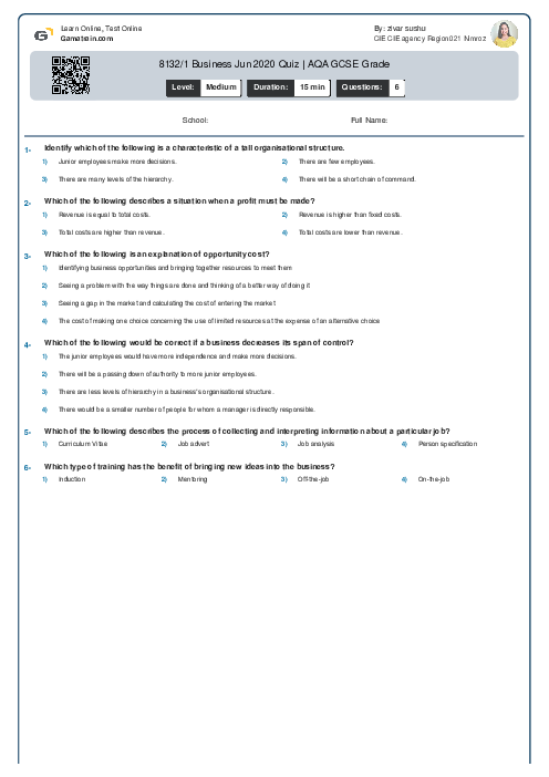8132/1 Business Jun 2020 Quiz | AQA GCSE Grade