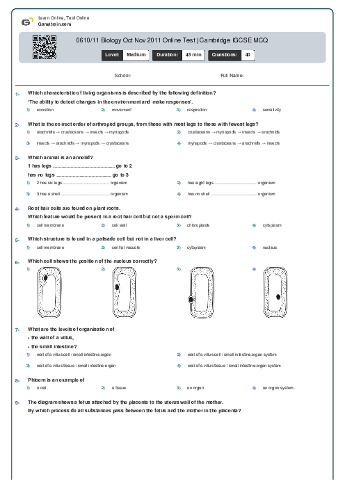 0610/11 Biology Oct Nov 2011 Online Test | Cambridge IGCSE MCQ