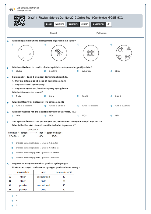 0652/11 Physical Science Oct Nov 2012 Online Test | Cambridge IGCSE MCQ