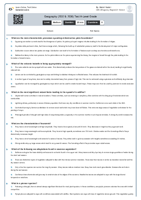 7037/11  Geography Jun 2018 Online Test | AQA A Level MCQ