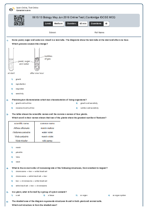 0610/13 Biology May Jun 2016 Online Test | Cambridge IGCSE MCQ