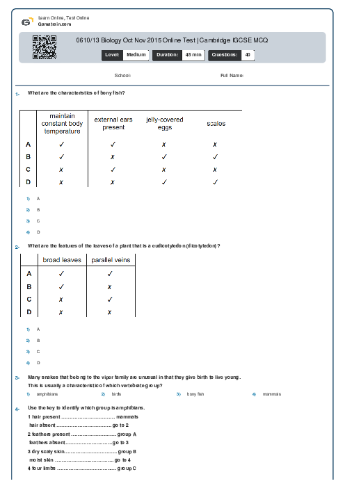 0610/13 Biology Oct Nov 2015 Online Test | Cambridge IGCSE MCQ