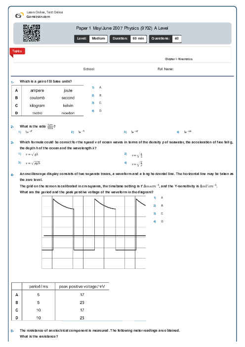 Paper 1 May/June 2007 Physics (9702) A Level