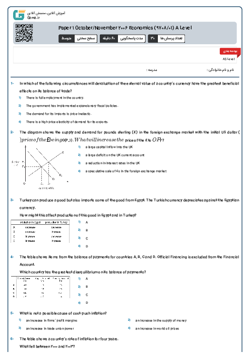 Paper 1 October/November 2006 Economics (9708/01) A Level