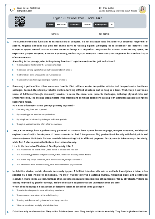  English 9 | Law and Order - Topical Quiz