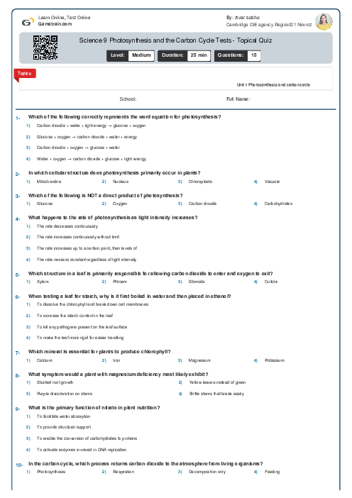 Science 9 Photosynthesis and the Carbon Cycle Tests - Topical Quiz