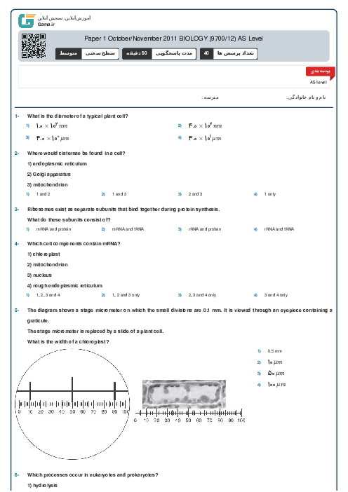 9700/12 Biology Oct Nov 2011 Online Test | Cambridge AS and A Level MCQ