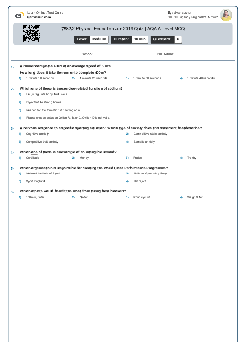  7582/2 Physical Education Jun 2019 Quiz | AQA A Level MCQ