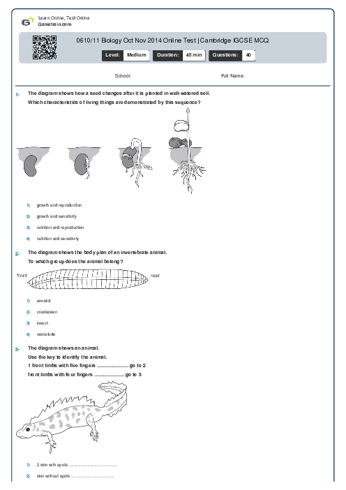 0610/11 Biology Oct Nov 2014 Online Test | Cambridge IGCSE MCQ