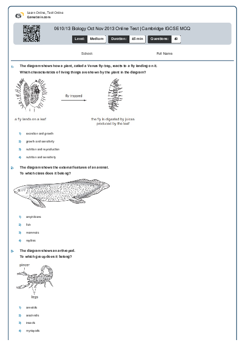 0610/13 Biology Oct Nov 2013 Online Test | Cambridge IGCSE MCQ