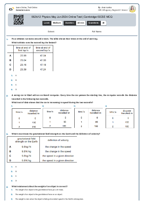0625/12 Physics May Jun 2024 Online Test | Cambridge IGCSE MCQ